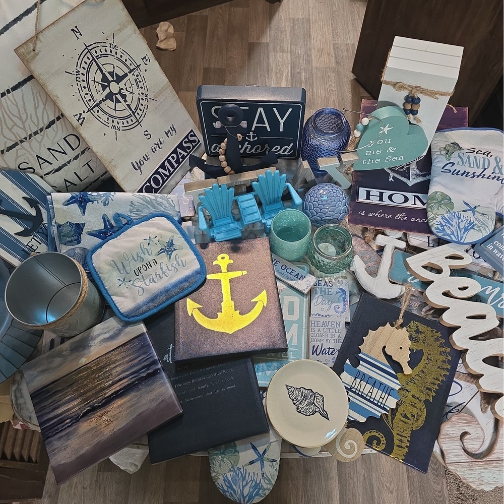 Beach Nautical Anchor Decorations Lot Dusty Blue, Tan And Navy Blue